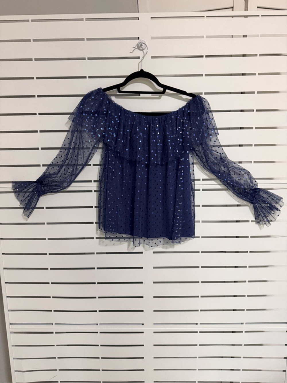 INC International Concepts Navy Off-Shoulder Polka Dot Mesh Blouse